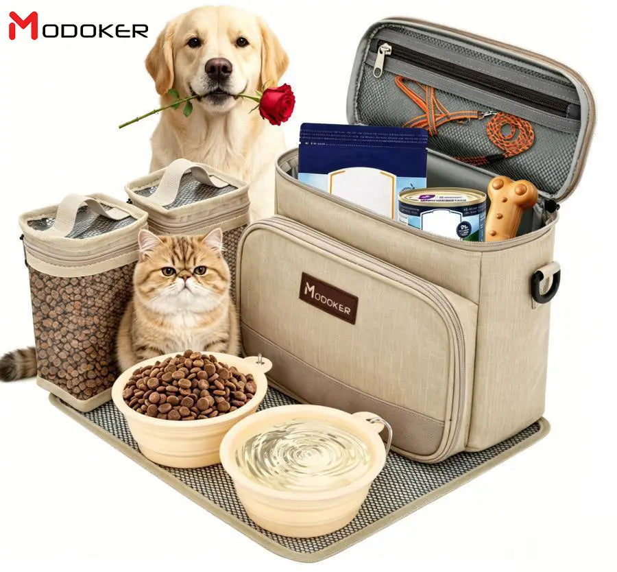 Dog Travel Bag, Pet Travel Bag (ALL Pet Travel Supplies), Modoker Pet Bag with 2 Pet Food Containers and 2 Collapsible Silicone Bowls; Essential Kits for Travel Animal Carrier