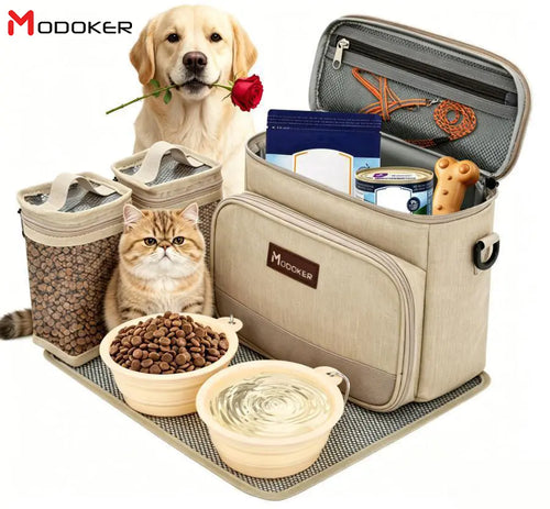 Dog Travel Bag, Pet Travel Bag (ALL Pet Travel Supplies), Modoker Pet Bag with 2 Pet Food Containers and 2 Collapsible Silicone Bowls; Essential Kits for Travel Animal Carrier