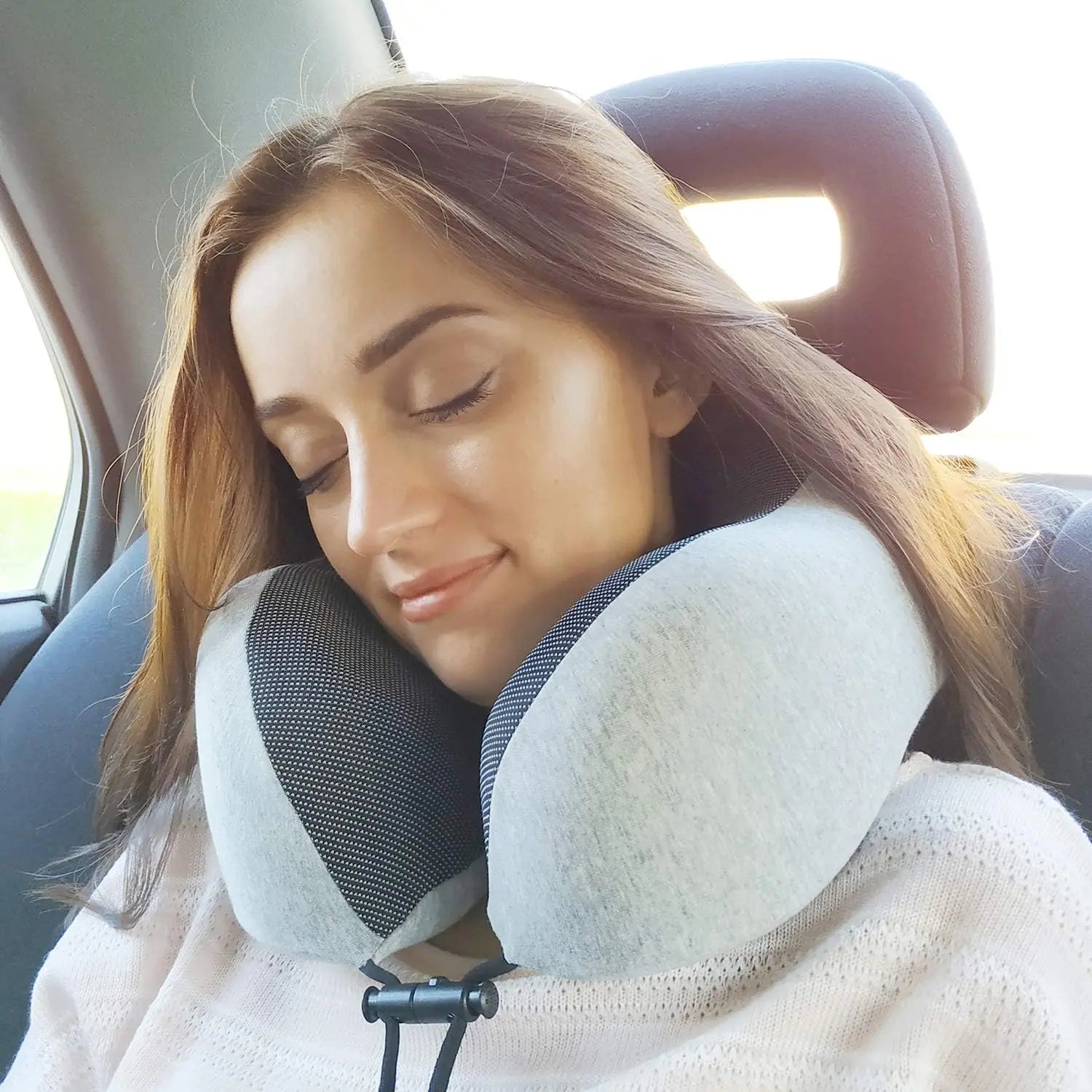 Upgraded Travel Neck Pillow 100% Pure Memory Foam Light Grey for Airplane Travel Support and Comfort