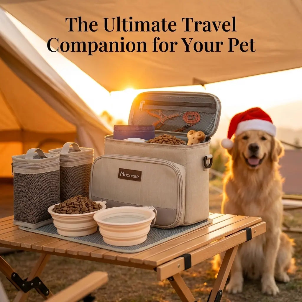 Dog Travel Bag, Pet Travel Bag (ALL Pet Travel Supplies), Modoker Pet Bag with 2 Pet Food Containers and 2 Collapsible Silicone Bowls; Essential Kits for Travel Animal Carrier