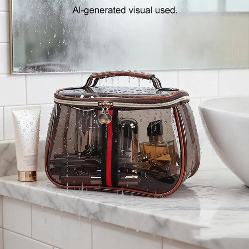 New Retro Vintage Vanity Bag, Clear Makeup Organizer with Handle, Waterproof Transparent Toiletry Bag, Large Capacity Cosmetic Makeup Bag for Women, Travel Skincare Storage Case (Coffee)