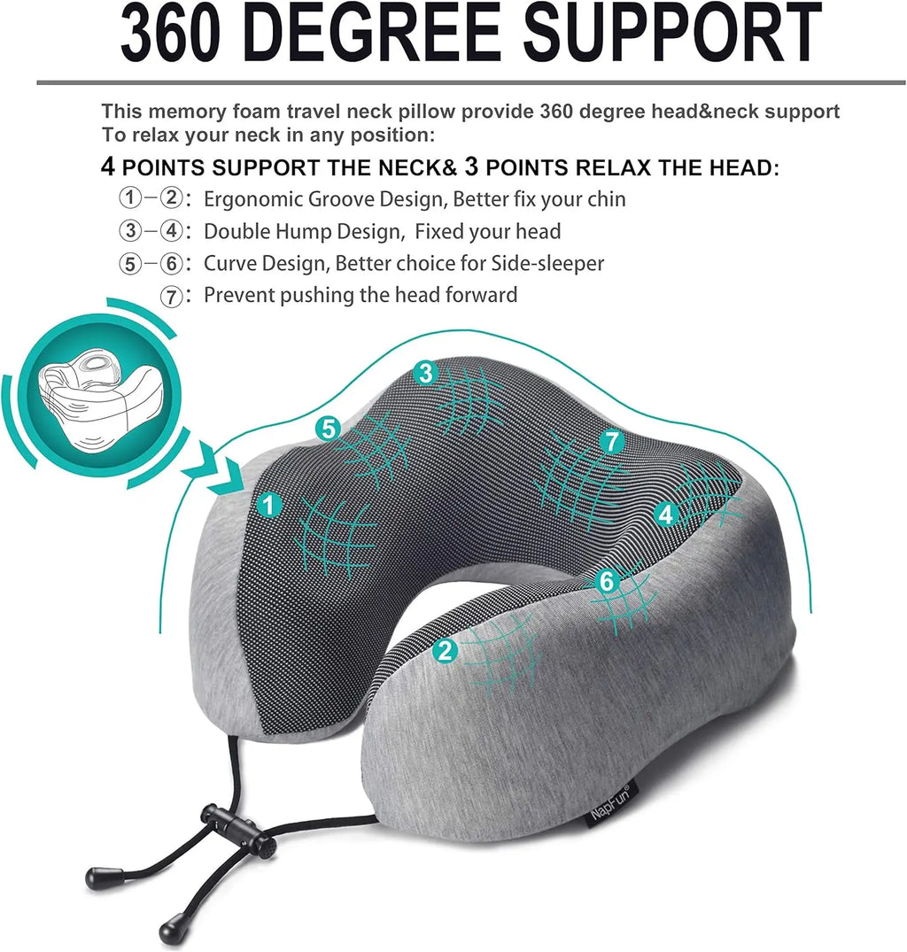 Upgraded Travel Neck Pillow 100% Pure Memory Foam Light Grey for Airplane Travel Support and Comfort