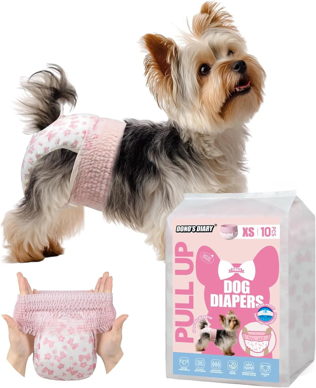 Dono Disposable Pull It up Female Dog Diapers, 360° Stretchy Waist Puppy Diapers, Super-Absorbent Doggie Diapers with Rapid-Dry Technology Leak-Proof Design for Doggy in Heat Period,Perfect for Summervibes and Petlovers