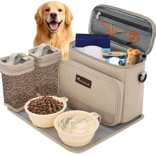 Dog Travel Bag, Pet Travel Bag (ALL Pet Travel Supplies), Modoker Pet Bag with 2 Pet Food Containers and 2 Collapsible Silicone Bowls; Essential Kits for Travel Animal Carrier
