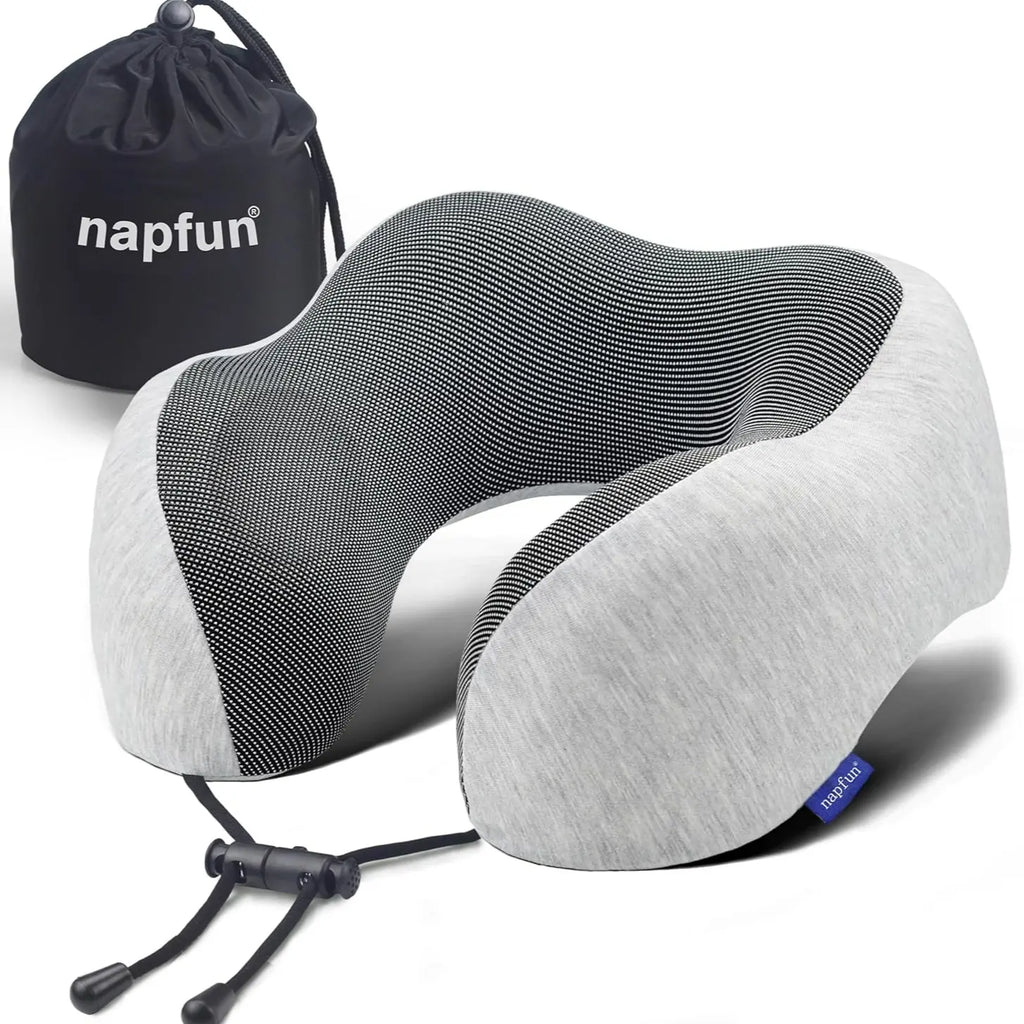 Upgraded Travel Neck Pillow 100% Pure Memory Foam Light Grey for Airplane Travel Support and Comfort