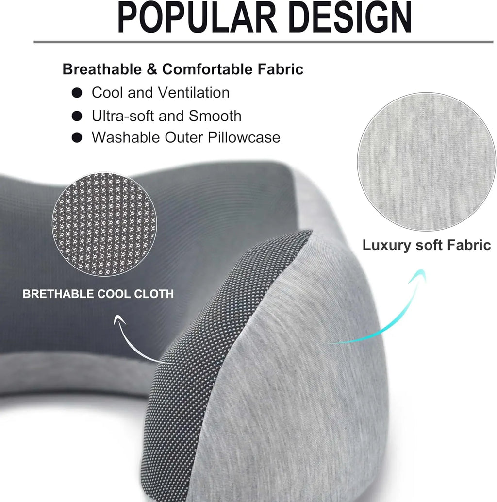 Upgraded Travel Neck Pillow 100% Pure Memory Foam Light Grey for Airplane Travel Support and Comfort