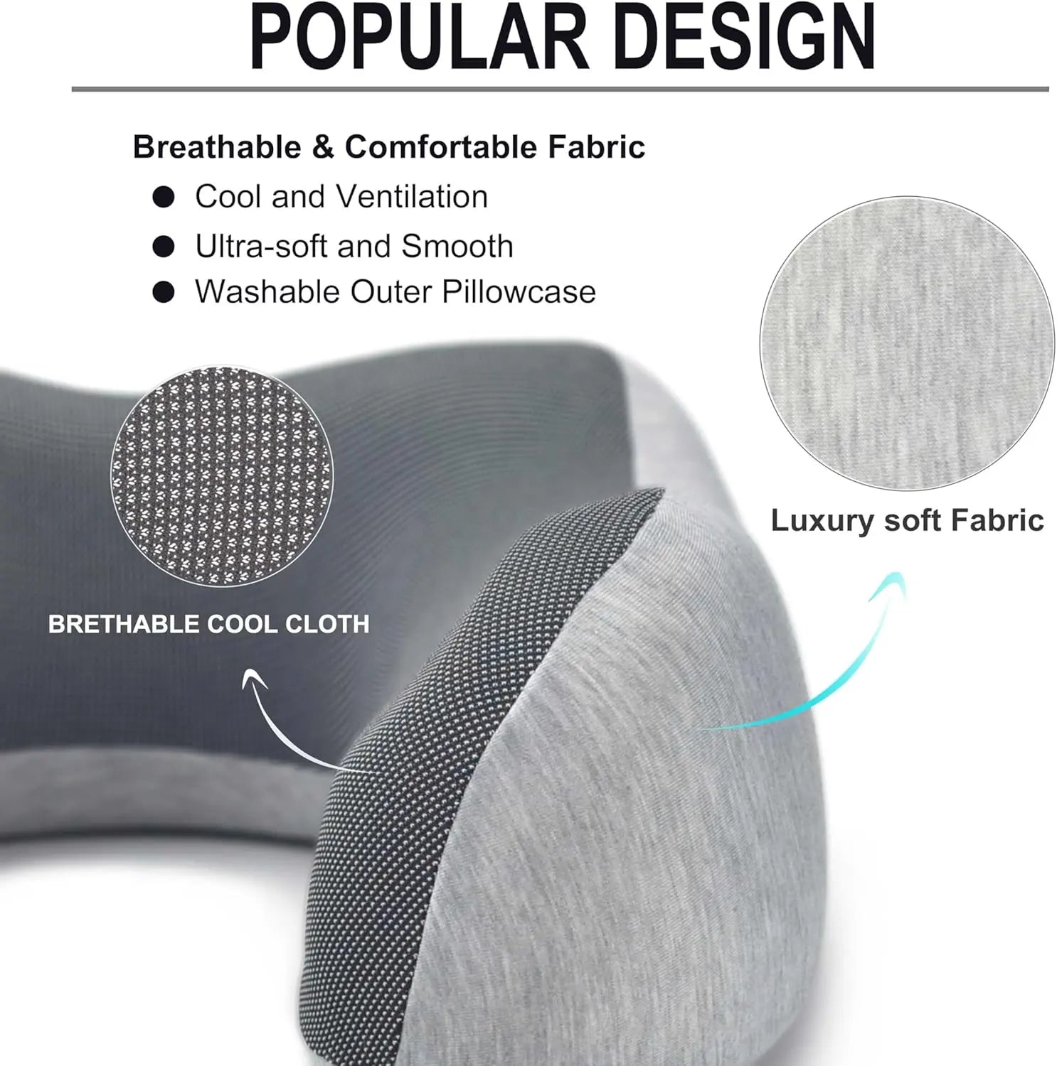 Upgraded Travel Neck Pillow 100% Pure Memory Foam Light Grey for Airplane Travel Support and Comfort