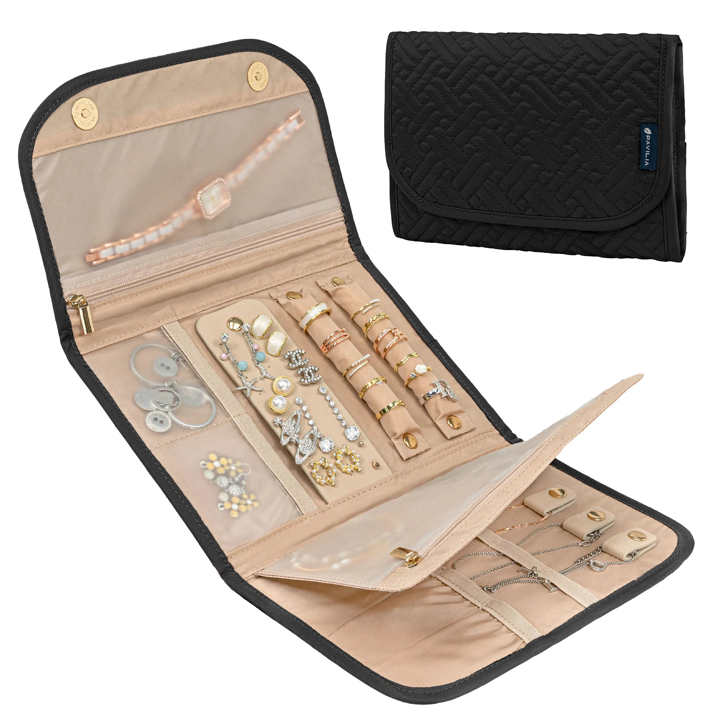 PAVILIA Travel Jewelry Case Organizer, Foldable Jewelry Travel Roll Bag, Small Jewelry Travel Pouch Wallet for Earrings, Rings, Necklaces, Bracelets, Travel Packing Accessories