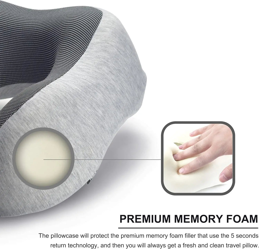 Upgraded Travel Neck Pillow 100% Pure Memory Foam Light Grey for Airplane Travel Support and Comfort