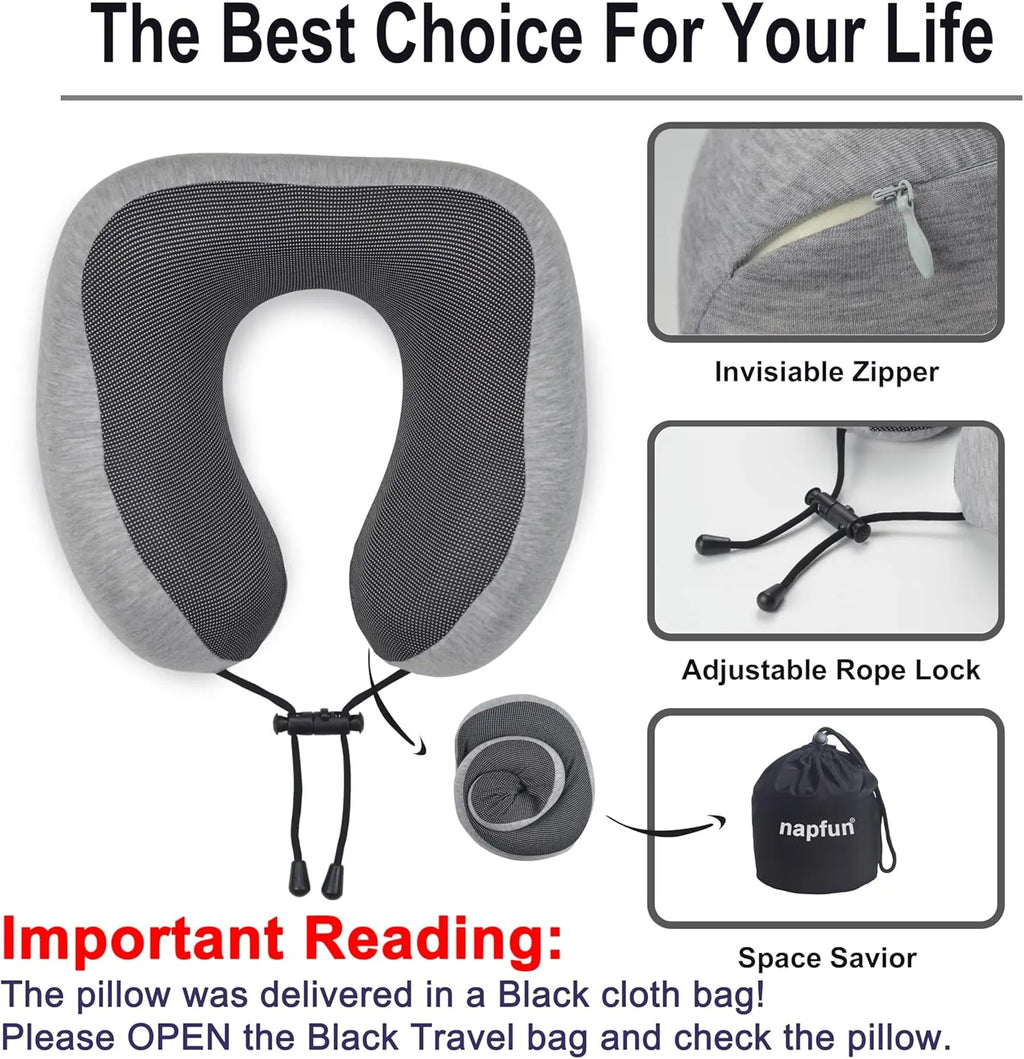 Upgraded Travel Neck Pillow 100% Pure Memory Foam Light Grey for Airplane Travel Support and Comfort