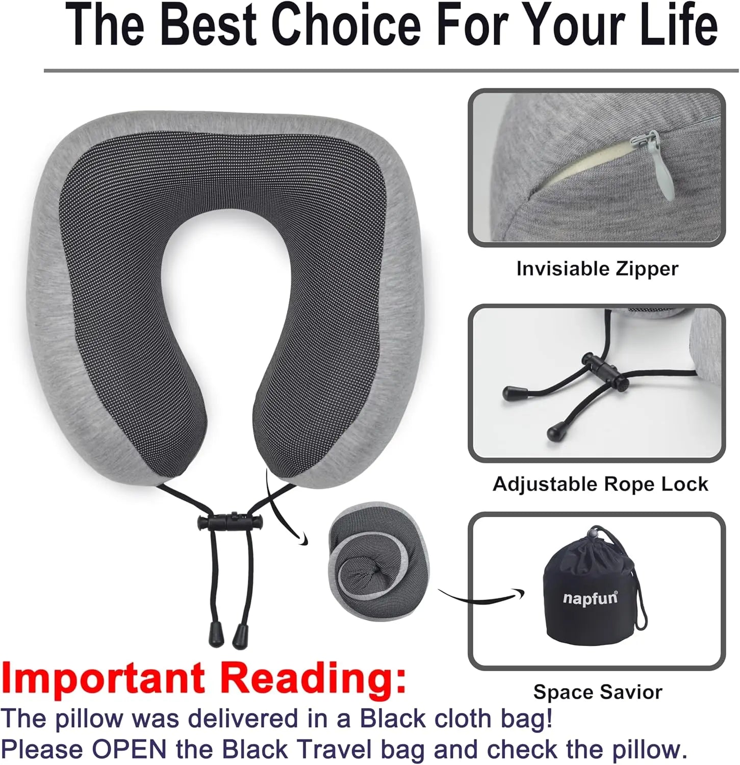 Upgraded Travel Neck Pillow 100% Pure Memory Foam Light Grey for Airplane Travel Support and Comfort
