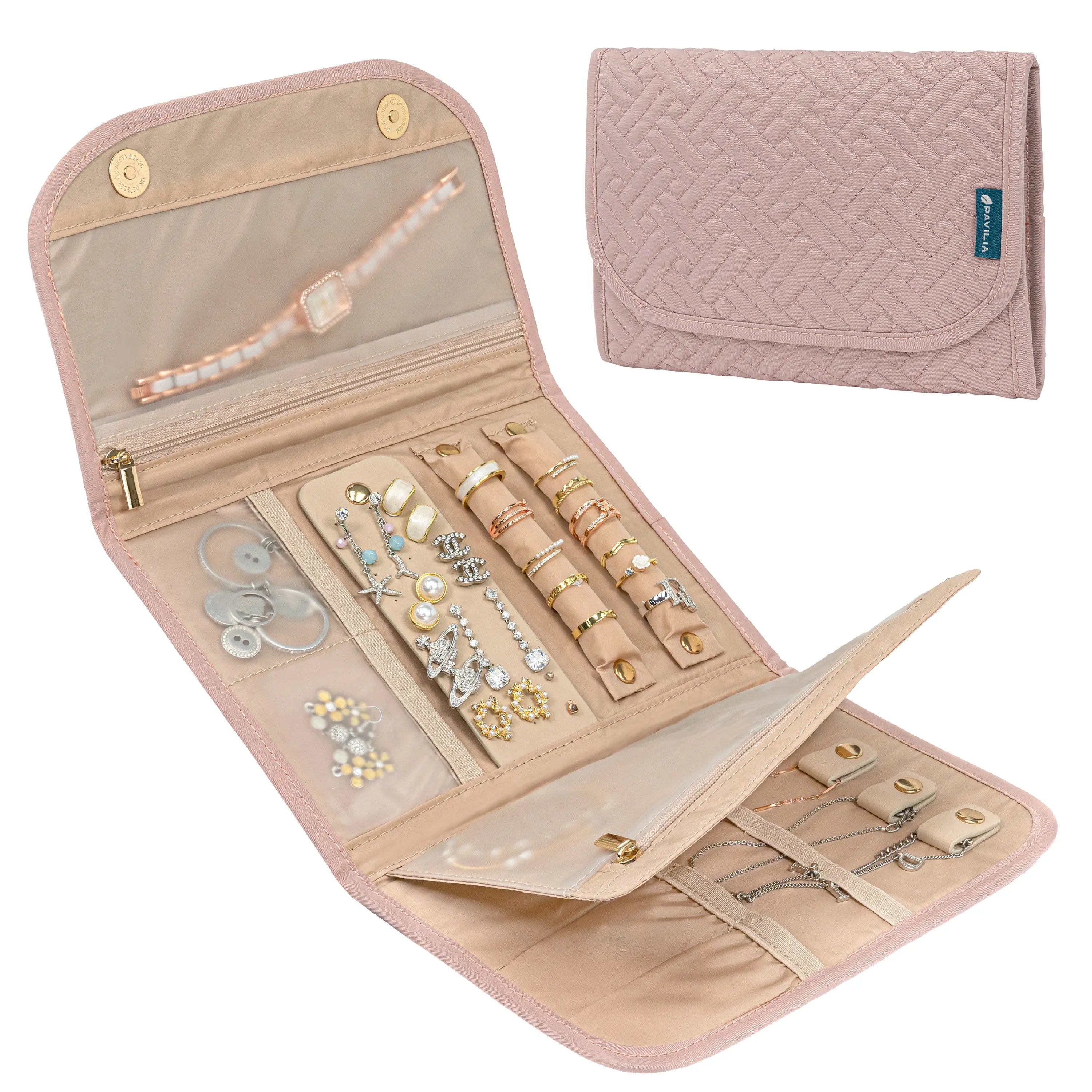PAVILIA Travel Jewelry Case Organizer, Foldable Jewelry Travel Roll Bag, Small Jewelry Travel Pouch Wallet for Earrings, Rings, Necklaces, Bracelets, Travel Packing Accessories