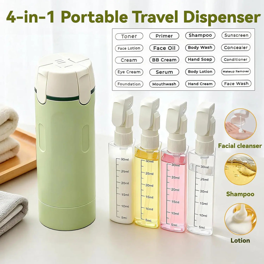 Travel Dispenser, Travel Bottles for Toiletries, 4-In-1 Travel Dispenser Bottle Refillable Leakproof Design 4-In-1 Travel Refill Bottle Portable Travel Size