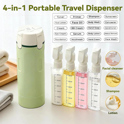 Travel Dispenser, Travel Bottles for Toiletries, 4-In-1 Travel Dispenser Bottle Refillable Leakproof Design 4-In-1 Travel Refill Bottle Portable Travel Size
