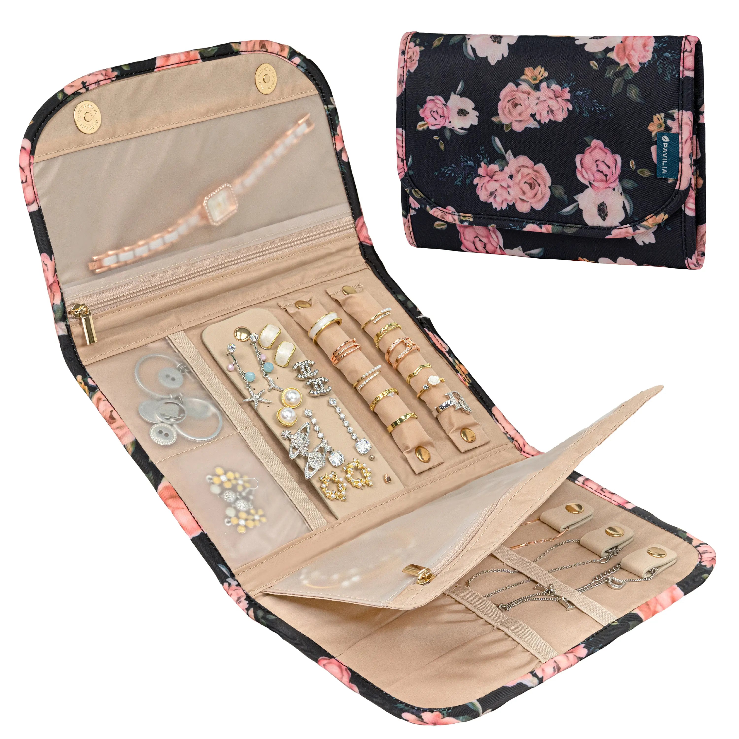 PAVILIA Travel Jewelry Case Organizer, Foldable Jewelry Travel Roll Bag, Small Jewelry Travel Pouch Wallet for Earrings, Rings, Necklaces, Bracelets, Travel Packing Accessories